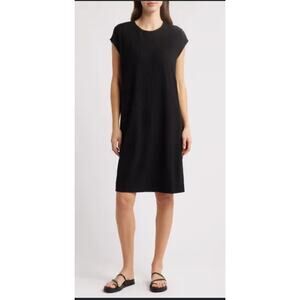 Eileen Fisher System cap sleeve ribbed knee length Shift dress in black size S.